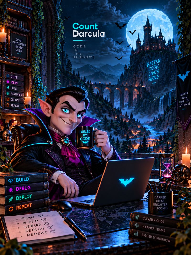 iPad wallpaper in portrait: the Count Darcula wordmark over a moonlit castle, the Count at his desk below.