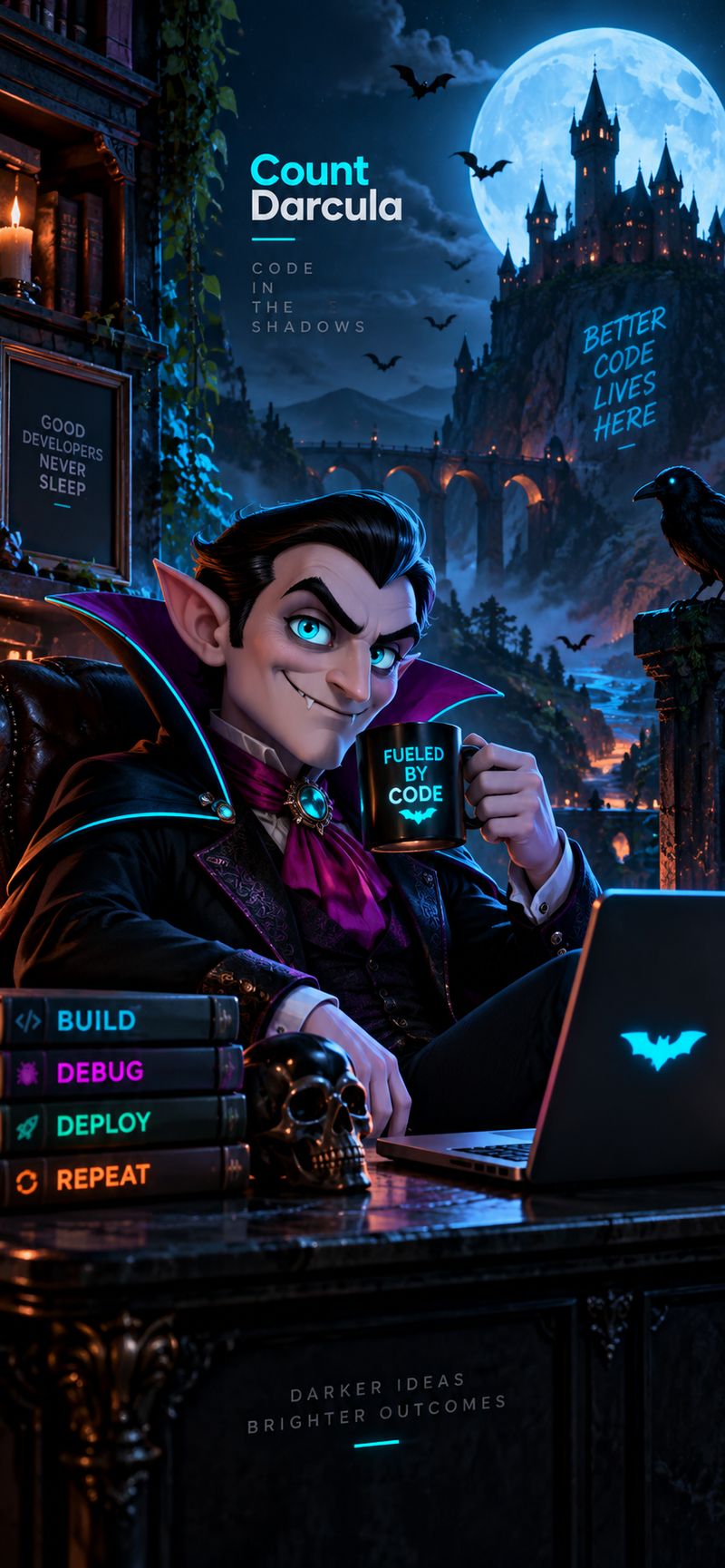 iPhone wallpaper: Count Darcula raising a Fueled by Code mug beside his laptop, a castle under the moon above.