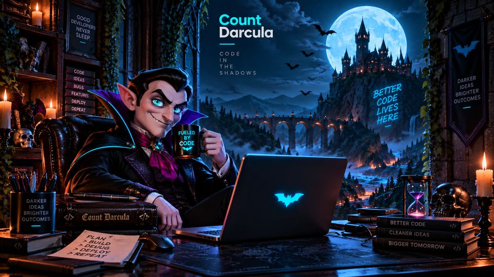 Mac wallpaper: Count Darcula at a candlelit desk with his laptop and a Fueled by Code mug, a moonlit castle behind him.